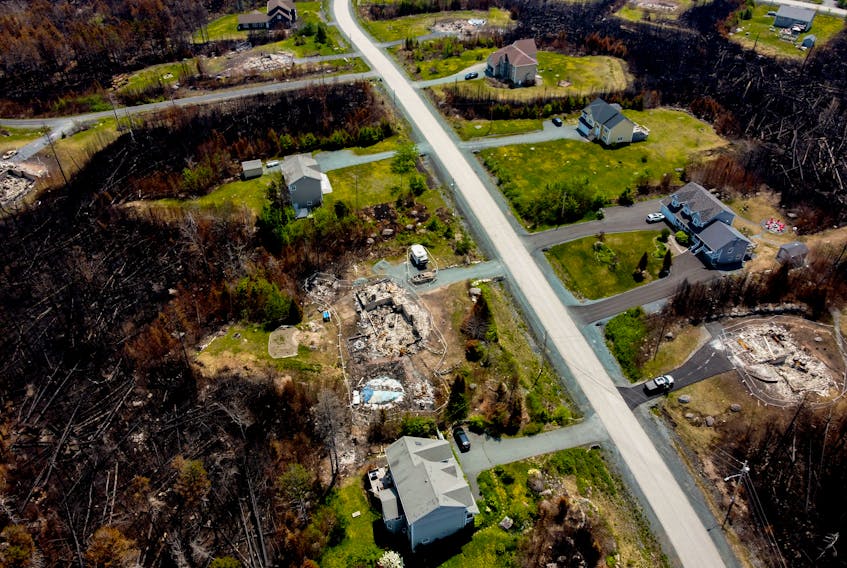 An aerial view on June 13, 2023 of the destruction in the Westwood Hills subdivision in Upper Tantallon following a wildfire. TIM KROCHAK PHOTO
