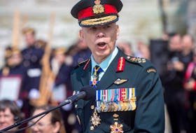 Chief of Defence Staff General Wayne Donald Eyre speaks during the Royal Military College Commissioning Parade in Kingston, Ontario, on Friday May 19, 2023. 