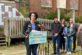 NDP Leader Claudia Chender, made a pitch for a vacant land tax would encourage development and increase housing supply in front of the abandoned Bloomfield school building in north-end Halifax on Thursday, Sept. 29, 2023. Chender was joined by local resident Sam Krawec and New Democrat MLAs Susan Leblanc, Suzy Hansen, Gary Burrill and Lisa Lachance.
