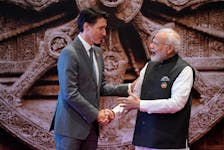 Indian Prime Minister Narendra Modi welcomes Canadian Prime Minister Justin Trudeau upon his arrival at Bharat Mandapam convention centre for the G20 Summit in New Delhi, India on Saturday, Sept. 9, 2023. Evan Vucci/Pool via REUTERS