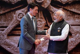 Indian Prime Minister Narendra Modi welcomes Canadian Prime Minister Justin Trudeau upon his arrival at Bharat Mandapam convention centre for the G20 Summit in New Delhi, India on Saturday, Sept. 9, 2023. Evan Vucci/Pool via REUTERS