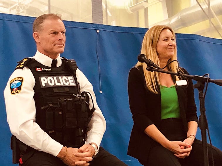 Woodstock Police Chief Gary Forward and Mayor Trina Jones address the public at a policing open house held Sept. 25 at the AYR Motor Centre. - Jim Dumville, Local Journalism Initiative Reporter, River Valley Sun
