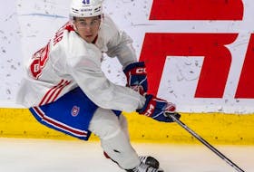 Filip Mesar, among the cuts from Canadiens’ training camp on Saturday, Sept. 30, 2023, played 52 games last season with the OHL's Kitchener Rangers, posting 17-34-51 numbers.