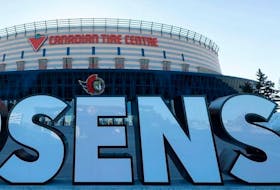 An Ottawa Senators logo outside the Canadian Tire Centre arena.