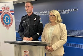 Royal Newfoundland Constabulary officers Const. James Cadigan and Const. Nadia Churchill - a member of the Child Abuse and Sexual Assault unit and lead investigator on the file that saw Markus Hicks arrested Wednesday, Sept. 6 – speak to members of the media in St. John’s Thursday, Sept. 7. Tara Bradbury/The Telegram