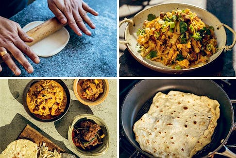 Clockwise from top left: rolling roti, kothu, cooking roti and curries from Hoppers. PHOTOS BY RYAN WIJAYARATNE