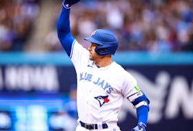 George Springer of the Toronto Blue Jays celebrates after hitting a RBI single in the fifth inning of the game against the Kansas City Royals at Rogers Centre on Sept. 9, 2023 in Toronto.  