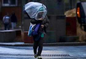 Ducking beneath a trnasuscent umbrella on a wild day of wind and rain on Spring Garden Road in Halifax Wednesday January 10, 2024.

TIM KROCHAK PHOTO