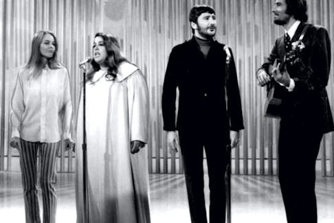 The Mamas and the Papas performing on the The Ed Sullivan Show - from left - Michelle Philips, Cass Elliot, Denny Doherty, and John Philips. CBS Television