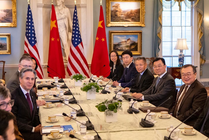 U.S. Secretary of State Antony Blinken meets with Chinese Communist Party International Liaison Department Minister Liu Jianchao at the State Department in Washington, U.S., January 12, 2024.
