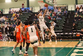 Jace Colley, 3, drives to the basket for the UPEI Panthers in an Atlantic University Sport (AUS) Men’s Basketball Conference game against the Cape Breton Capers at the Chi-Wan Young Sports Centre on Jan. 13. UPEI won the game 102-88. Janessa Vanden Broek Photo • Courtesy of UPEI Athletics