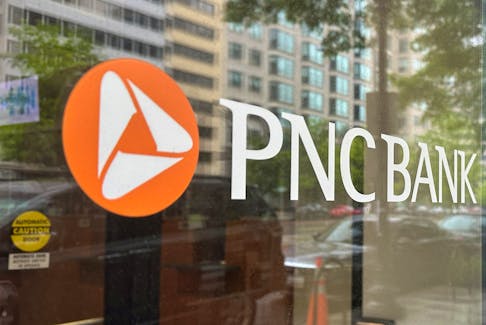 The logo of PNC Bank, a subsidiary of PNC Financial Services Group, is seen on the window of a branch in Washington, U.S. April 30, 2023. 