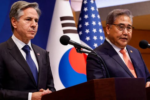 U.S. Secretary of State Antony Blinken and South Korean Foreign Minister Park Jin hold a joint press conference after their meeting at the Ministry of Foreign Affairs in Seoul, South Korea, November 9, 2023.