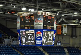 Shown is the current video scoreboard at Centre 200 in Sydney. The new video scoreboard is not expected to be installed in time for the World Women’s Curling Championship in March, but officials do anticipate it being in the building sometime this year. JEREMY FRASER/CAPE BRETON POST