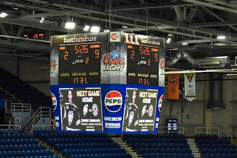 Shown is the current video scoreboard at Centre 200 in Sydney. The new video scoreboard is not expected to be installed in time for the World Women’s Curling Championship in March, but officials do anticipate it being in the building sometime this year. JEREMY FRASER/CAPE BRETON POST