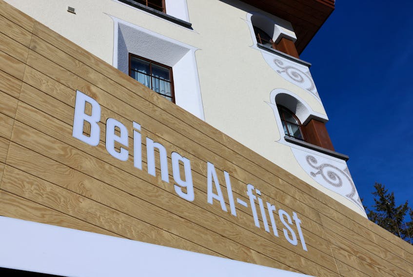 A slogan related to Artificial Intelligence (AI) is displayed on Workday pavilion, during the 54th annual meeting of the World Economic Forum in Davos, Switzerland, January 16, 2024.