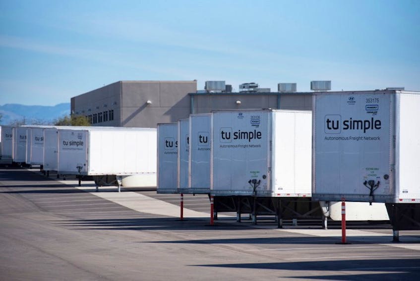 A portion of TuSimple's semi-trailers sit in a parking lot at TuSimple in Tucson, Arizona U.S., February 24, 2022.