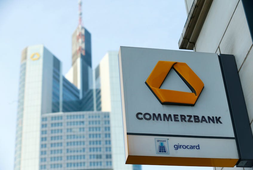 A Commerzbank logo is pictured before the bank's annual news conference in Frankfurt, Germany, February 9, 2017.     