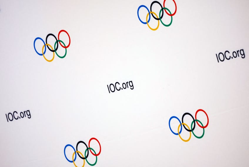 Olympics - IOC Executive Board meeting - Salon Hoche, Paris, France - November 29, 2023 Olympic logos are seen before a press conference