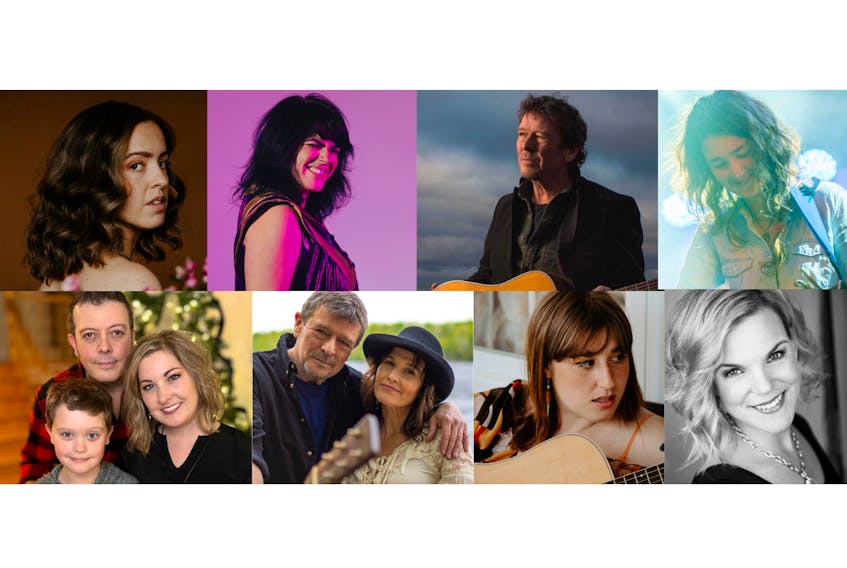 Marie Andree Gaudet, top left, Lisa LeBlanc, Lennie Gallant, Maggie Savoie, Kit, Louise and Mathias Goguen, bottom left, Sirène et Matelot, Caroline Savoie, and Monique Poirier are playing at the Dieppe, N.B., concert to support Marie Andrée Gaudet and Edouard Lionet after they lost their home on Dec. 23, 2023. Contributed