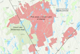This graphic from the Blomidon Naturalists Society’s presentation to Kings County council in September shows Crown land in the southwest corner of Kings County (in pink) that is of potential interest for the proposed Chain Lakes Wilderness Area. The BNS has subsequently revised its proposal to exclude an area the municipality has identified as a future location for industrial wind power generation. BLOMIDON NATURALISTS SOCIETY IMAGE