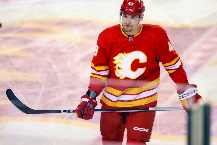 Calgary Flames Adam Klapka during warm up before taking on the in NHL action at the Scotiabank Saddledome in Calgary on Thursday, January 18, 2024. Darren Makowichuk/Postmedia