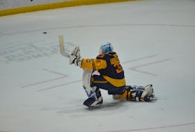 Shawinigan Cataractes goaltender Mathys Fernandez, 29, celebrates after a game-clinching save against the Charlottetown Islanders in a shootout on Jan. 19. The Cataractes pulled out a 4-3 win in the Quebec Maritimes Junior Hockey League (QMJHL) game, played before almost 2,500 fans at Eastlink Centre in Charlottetown on Jan. 19. Jason Simmonds • The Guardian