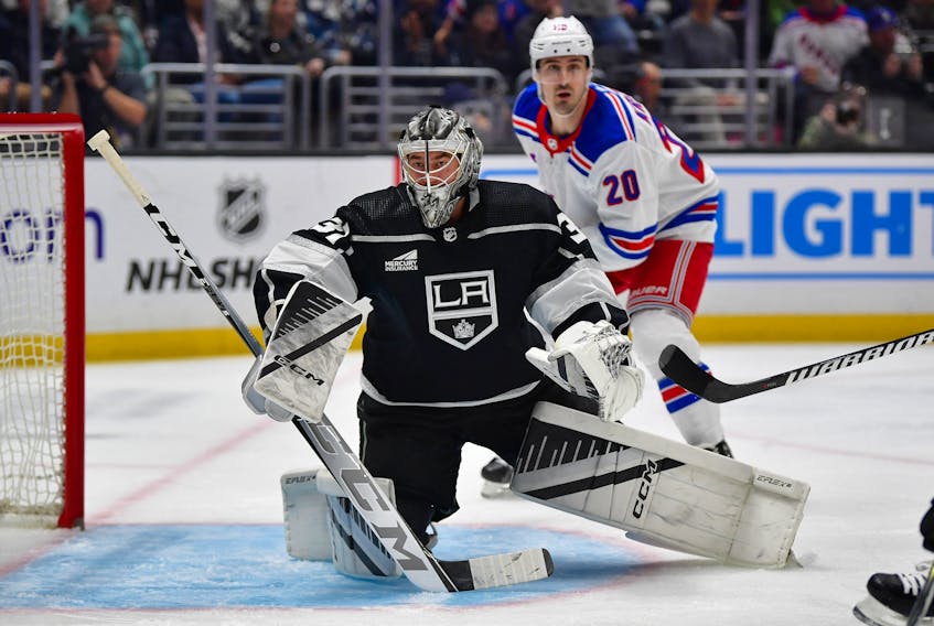 Jan 20, 2024; Los Angeles, California, USA; Los Angeles Kings goaltender David Rittich (31) defends the goal against the New York Rangers durng the third period at Crypto.com Arena. Mandatory Credit: Gary A. Vasquez-USA TODAY Sports