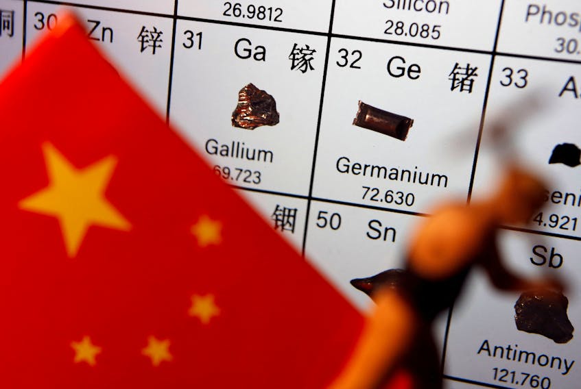 File photo: The flag of China and a worker miniature are placed next to the elements of Gallium and Germanium on a periodic table, in this illustration picture taken on July 6, 2023.