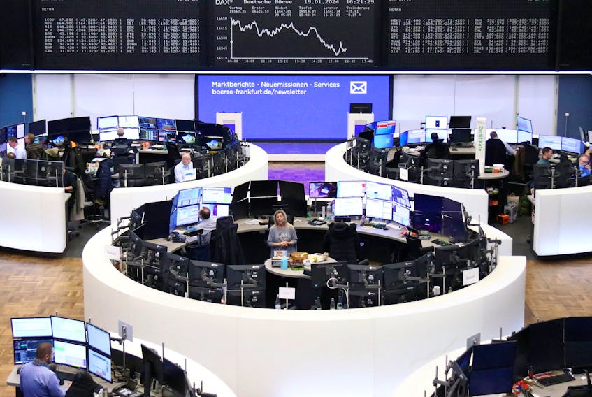 The German share price index DAX graph is pictured at the stock exchange in Frankfurt, Germany, January 19, 2024.    