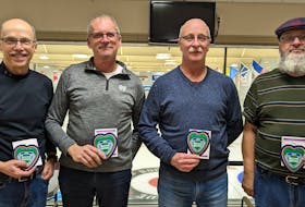 The Cornwall Curling Club’s Peter Rousseau rink won the men’s crown at the Curl P.E.I. masters’ championships, for curlers aged 60 and over, at the Montague Curling Club on Jan. 20. Members of the rink are, from left, Rousseau, lead Phillip McInnis, second stone John Mullin and spare Bruce Wilkie. Missing from photo is third stone Mark O’Rourke. Contributed