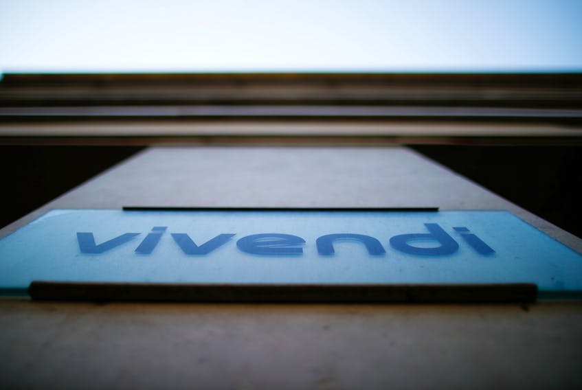The logo of Vivendi is pictured at the main entrance of the entertainment-to-telecoms conglomerate headquarters in Paris, France, April 22, 2021.