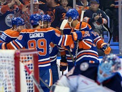 The Edmonton Oilers celebrate a goal against the Columbus Blue Jackets at Rogers Place in Edmonton on Tuesday, Jan. 23, 2024.