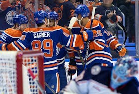 The Edmonton Oilers celebrate a goal against the Columbus Blue Jackets at Rogers Place in Edmonton on Tuesday, Jan. 23, 2024.