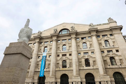 A view shows the Milan stock exchange building, as stocks slid in the first hours of trading after fears that the collapse of Silicon Valley Bank could trigger a broader financial crisis, in Milan, Italy, March 13, 2023.