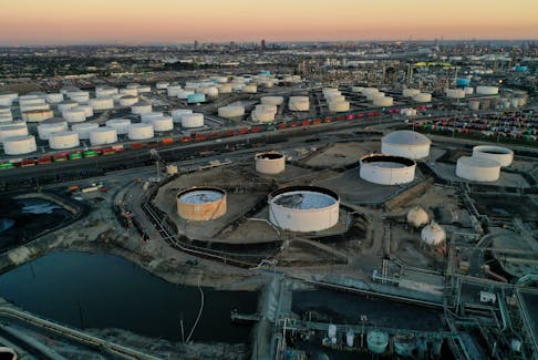 Storage tanks for crude oil, gasoline, diesel, and other refined petroleum products are seen at the Kinder Morgan Terminal, viewed from the Phillips 66 Company's Los Angeles Refinery in Carson, California, U.S., March 11, 2022. Picture taken March 11, 2022. Picture taken with a drone.