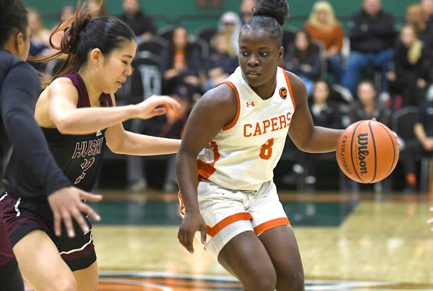 Hans Sarah Bailly of the Cape Breton Capers, right, works her way around an opponent during Atlantic University Sport women’s basketball action at Sullivan Field House in Sydney earlier this season. Bailly is in her first year with the Capers program. CONTRIBUTED/VAUGHAN MERCHANT, CBU ATHLETICS