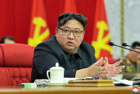 North Korean leader Kim Jong Un attends the 19th expanded political bureau meeting of the 8th Central Committee of the Workers' Party of Korea, which was held from January 23 to 24, in Pyongyang, North Korea, in this image released by the Korean Central News Agency on January 25, 2024. KCNA via REUTERS