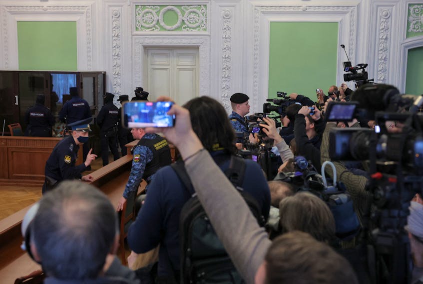 People gather in a court that hears the case of Darya Trepova, accused of killing a Russian prominent military blogger Maxim Fomin widely known by the name of Vladlen Tatarsky by blowing him up in a cafe at Ukraine's behest in April 2023, in Saint Petersburg, Russia, January 25, 2024.
