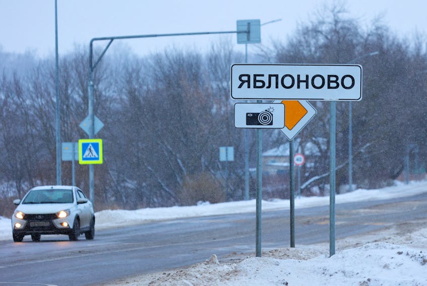 A view shows a road sign with the name of Yablonovo village near the crash site of the Russian Ilyushin Il-76 military transport plane in the Belgorod Region, Russia January 24, 2024.