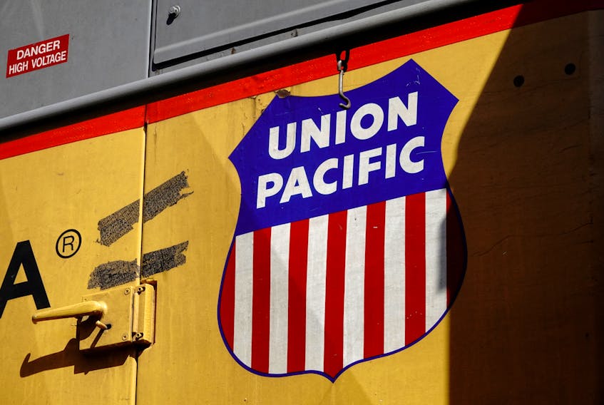 Union Pacific livery on the side of a cargo locomotive is pictured ahead of a possible strike if there is no deal with the rail worker unions, at Union Station in Los Angeles, California, U.S., September 15, 2022.