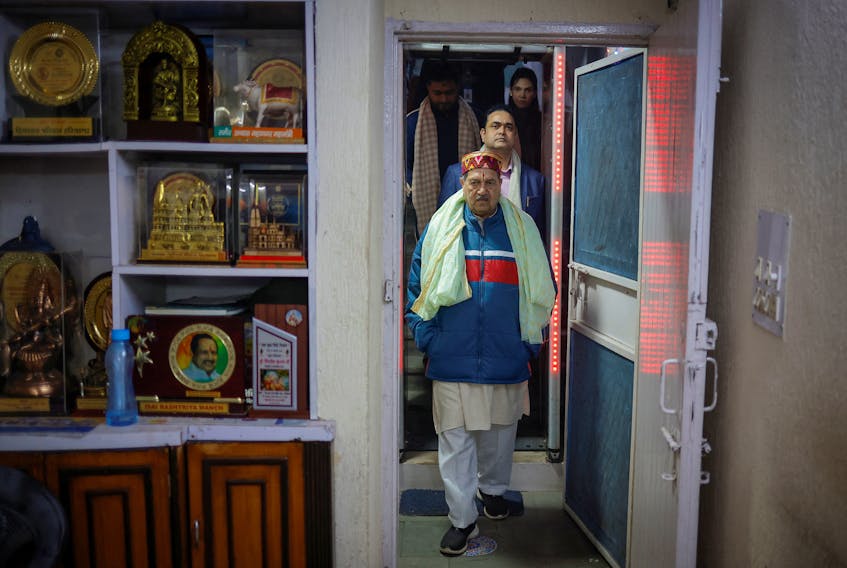 Indresh Kumar, a senior leader of the Hindu nationalist organisation Rashtriya Swayamsevak Sangh (RSS) arrives at his office in New Delhi, India, January 26, 2024.