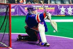 Halifax goaltender Warren Hill makes one of his 42 saves during the Thunderbirds' 13-8 victory over the Rochester Knighthawks in National Lacrosse League action Saturday night at Scotiabank Centre. - National Lacrosse League