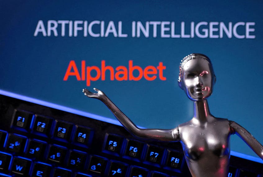 Alphabet logo and AI Artificial Intelligence words are seen in this illustration taken, May 4, 2023.