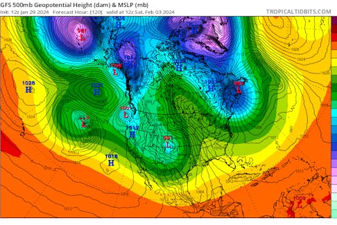 What's known as an Omega Block weather pattern will develop this weekend with a trough of low-pressure stuck over Atlantic Canada. -Contributed/tropicaltidbits.com