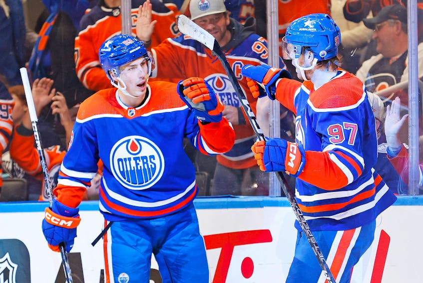 Jan 2, 2024; Edmonton, Alberta, CAN; The Edmonton Oilers celebrate a goal scored by forward Ryan Nugent-Hopkins (93) during the second period against the Philadelphia Flyers at Rogers Place. Mandatory Credit: Perry Nelson-USA TODAY Sports