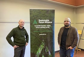Thomas Baglole, left, one of the founding members of the Sustainable Forest Alliance, and Jesse Argent, the program operator for the alliance, are both working to register new members and create forest management plans for woodlot owners in P.E.I. Caitlin Coombes • Local Journalism Initiative reporter