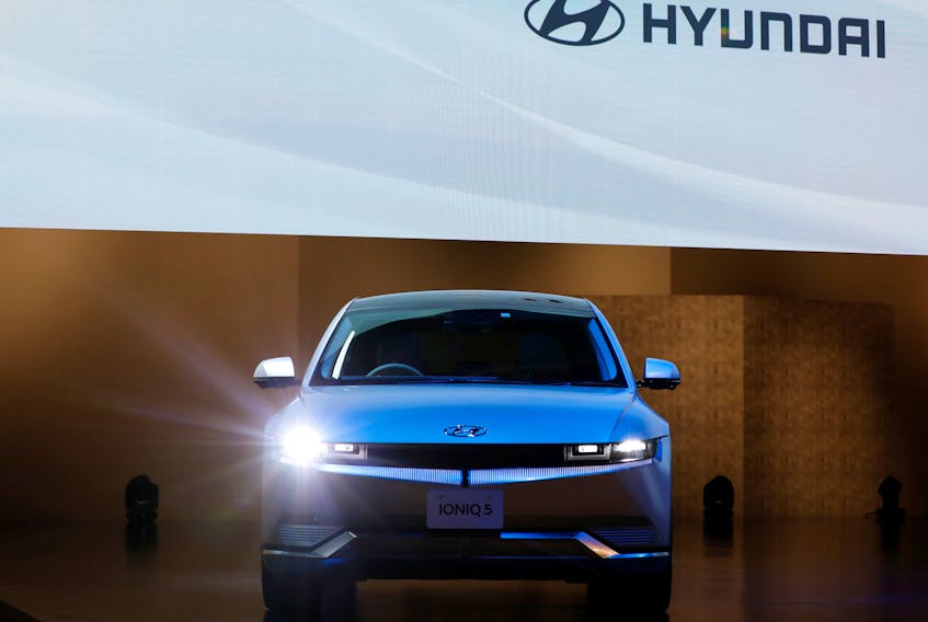 Hyundai Motor's IONIQ 5 displays at Hyundai Mobility Japan's news conference in Tokyo, Japan, February 8, 2022.
