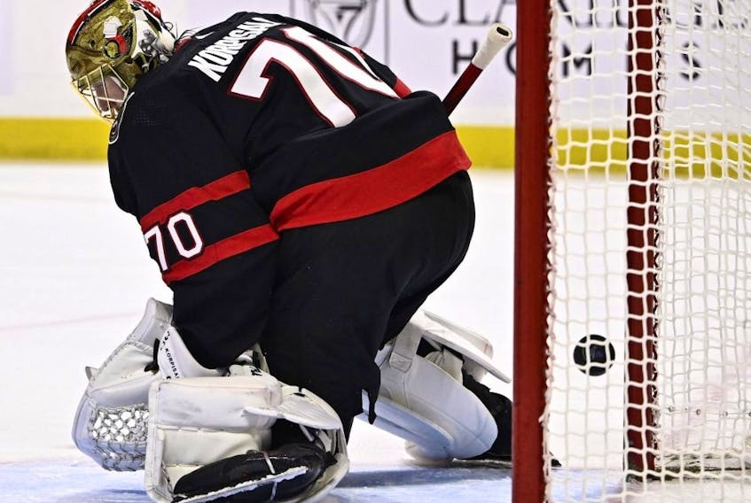 Ottawa Senators goaltender Joonas Korpisalo gives up a goal to the New Jersey Devils on Dec. 29, 2023.