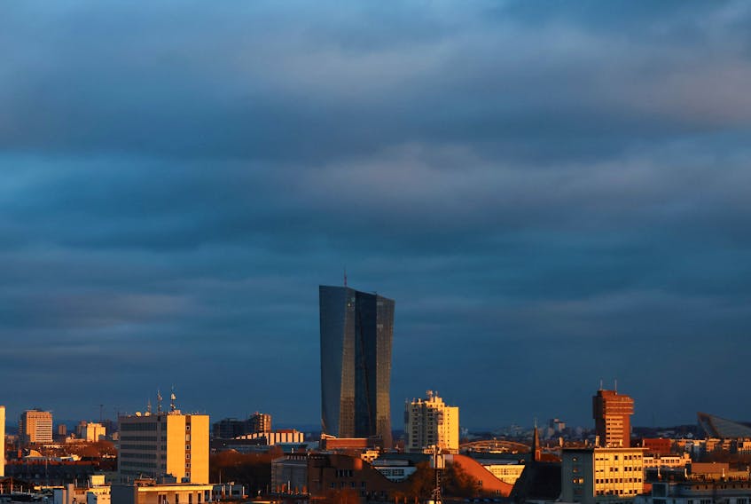 The building of the European Central Bank (ECB) appears on the horizon during sunset in Frankfurt, Germany, December 2, 2023.